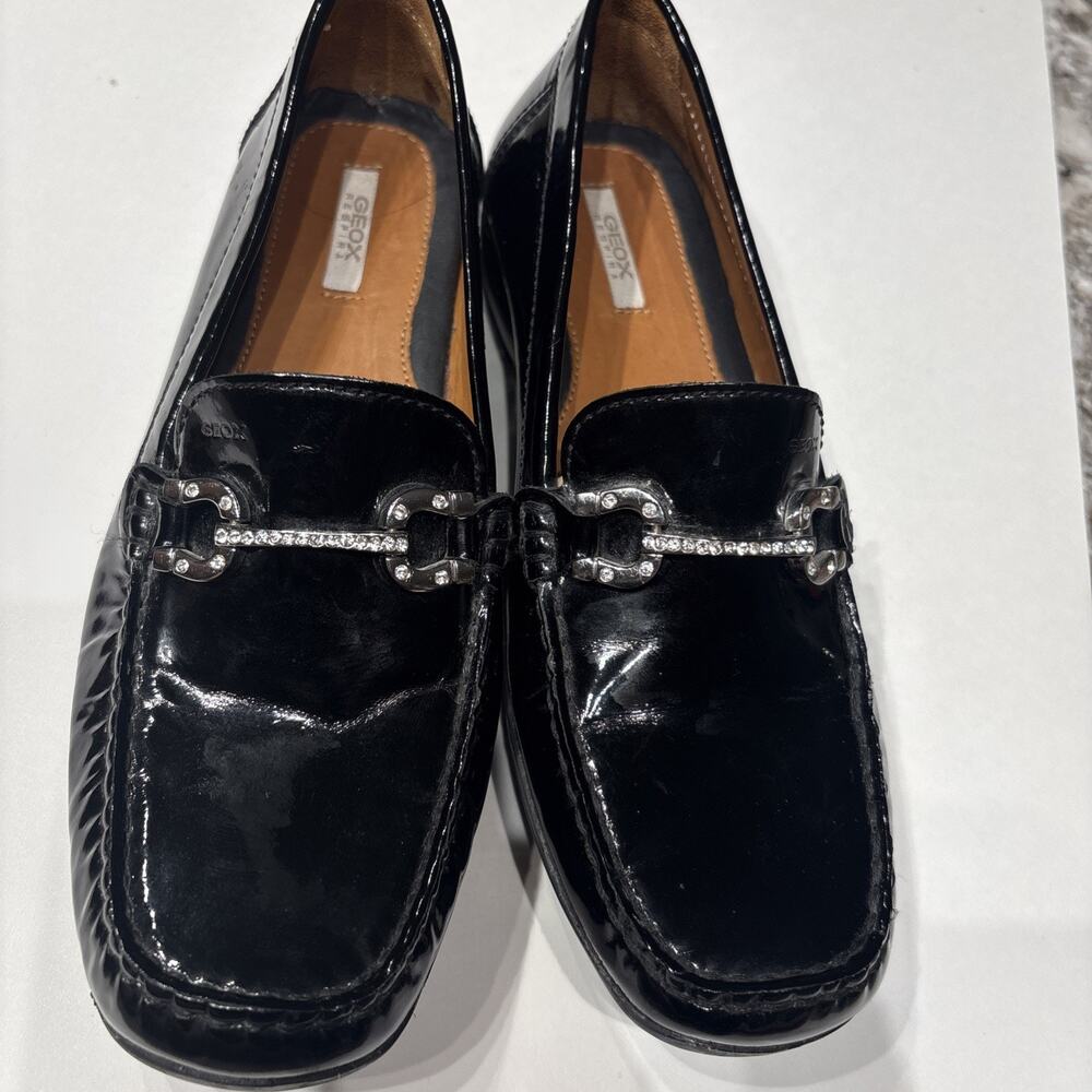 Geox Respira Women's Black Patent Leather Crystal Embellished Bit Loafers